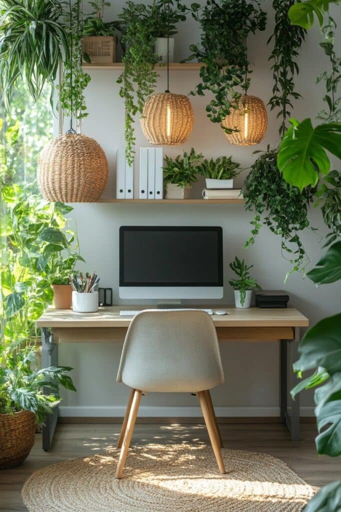 Small Office with Hanging Plants and Light Decor
