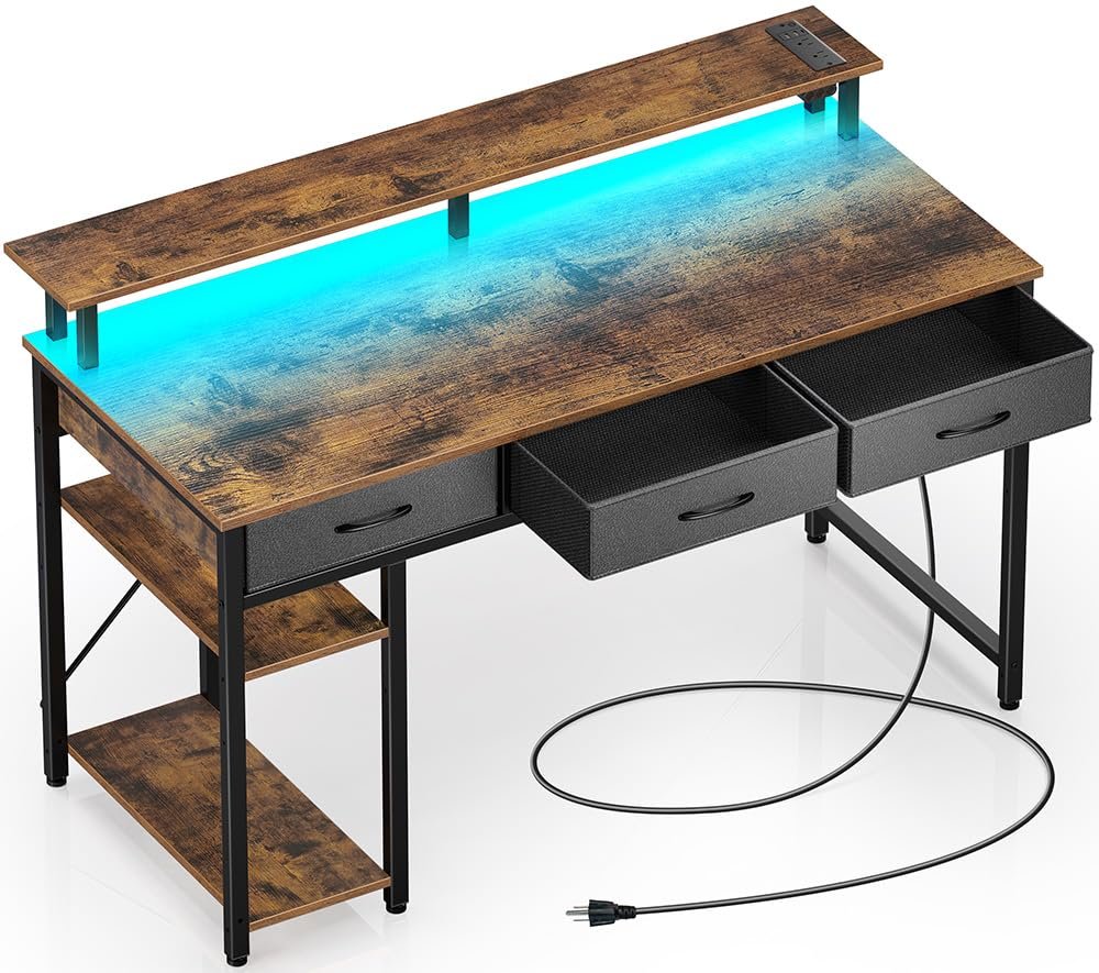 Rolanstar Computer Desk with Power Outlets & LED Light, 47 inch Home Office Desk with 3 Drawers and Storage Shelves